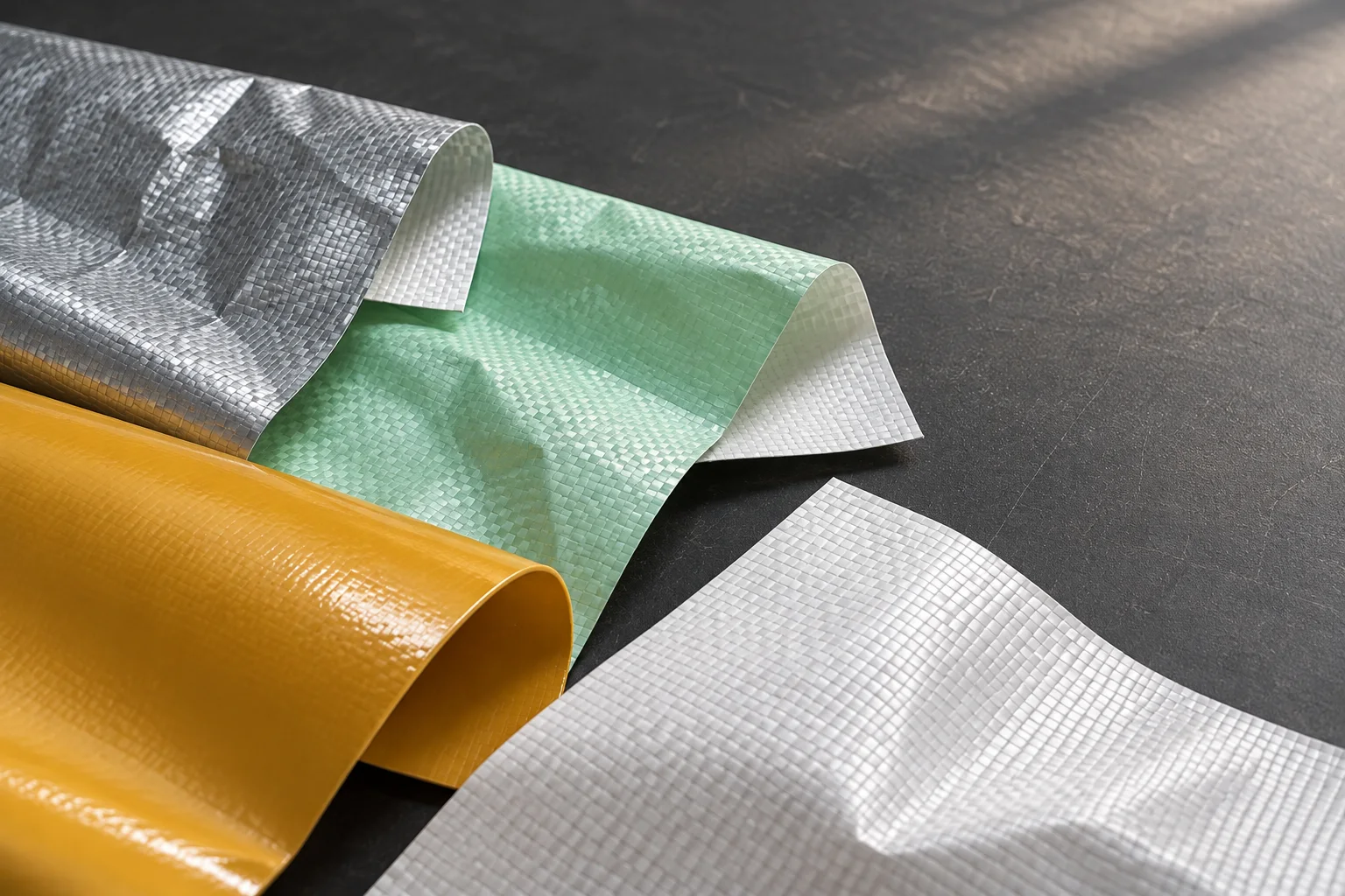 Illustrative arrangement of white, silver, mint and yellow Huaheng material samples